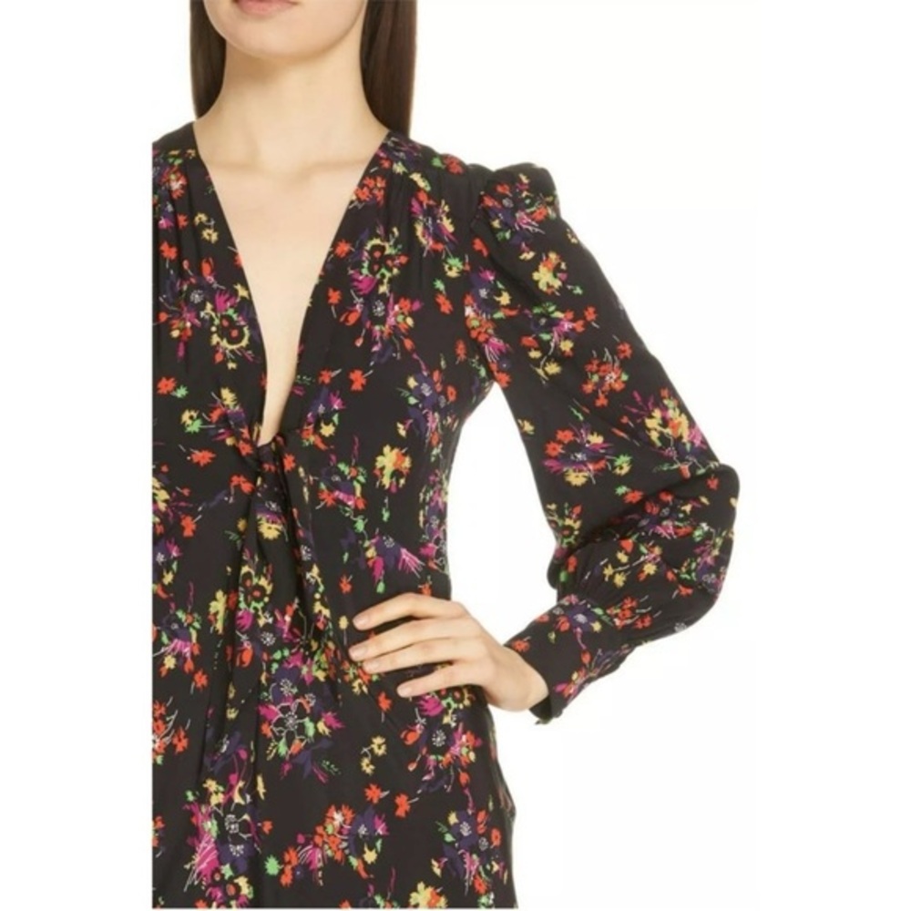 Veronica Beard Black Floral Tie-Front Midi Dress with Multicolor Blossoms